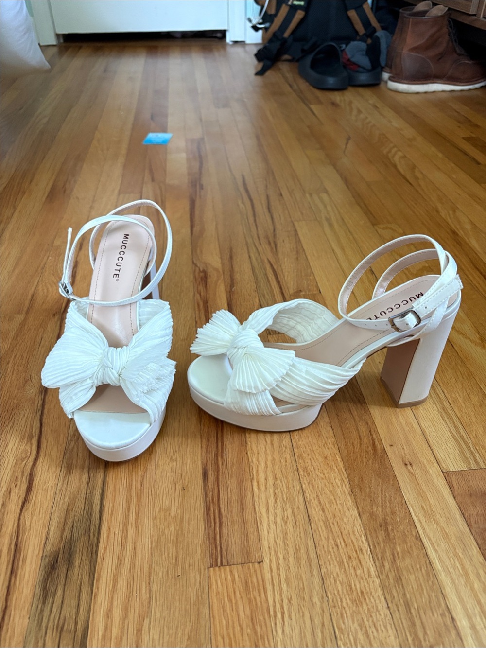 White Bow Platform Block Heel Sandals